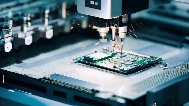 In a Chinese semiconductor factory setting, a high precision laser machine crafts computer microchip hardware with exceptional accuracy. Producing electronic components.Generative AI