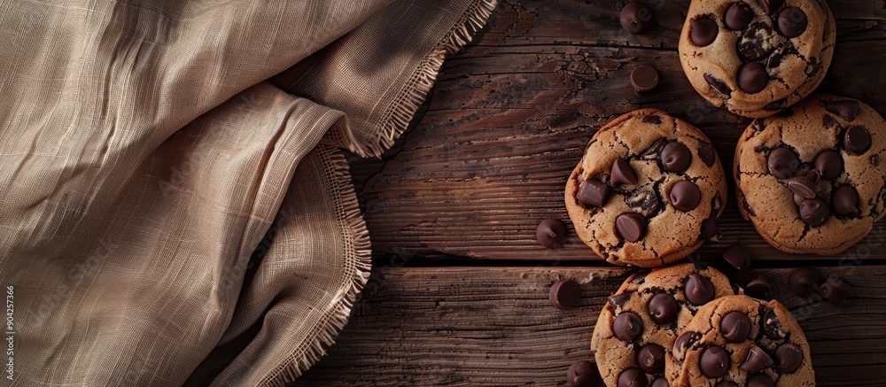 Sticker Jute strewn chocolate chip cookies on a wooden surface with copy space image available