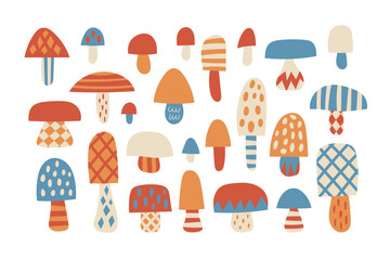 Set of flat stylized mushrooms. forest print
