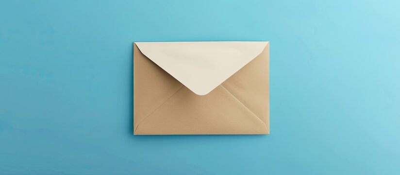 A beige envelope with a blank white sheet on a blue background for a copy space image showcasing mail or postcard use from a top down perspective
