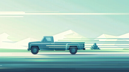 A stylized illustration of a vintage pickup truck speeding along a rural landscape with mountains in the background, evoking a sense of motion and freedom.