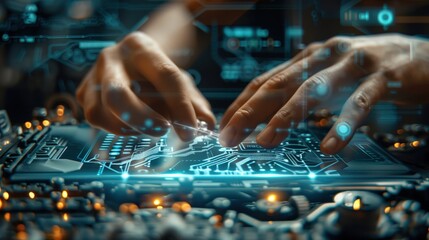 Close-Up of Hands Working on Futuristic Digital Interface in Technology Laboratory
