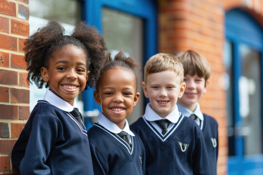 Elementary students in school uniforms, smiling outside a diverse school building. Happy kids ready for a new day of learning and friendship