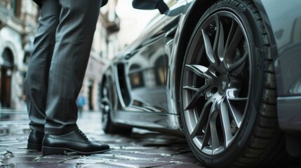 Closeup low angle of businessman in elegant gray suit and black shoes standing next to the car wheel. Luxury rental automobil