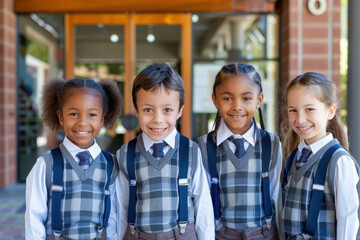 Four cheerful elementary students in school uniforms are standing in a line and smiling outside of their school