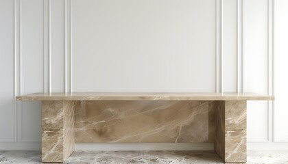 Beige marble office table, white wall, shelf, 3D render, cinematic, ultra detailed, high resolution, intricate details, sharp focus.