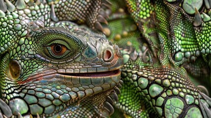 Close-up of a green iguana's eye and scales.