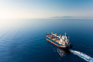 A cargo ship sails gracefully across the tranquil sea, captured in ultra-high-definition clarity. The ship's robust structure and meticulous design are in sharp focus, set against the vast, serene