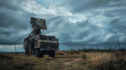 Naklejka premium Military radar system in operation on a remote base with cloudy sky.