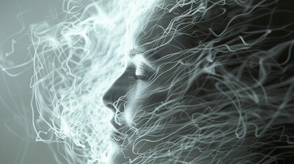 Face profile outlined by dynamic, swirling smoky light threads.