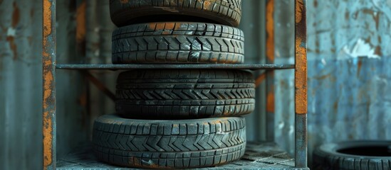 A stack of three worn tires sits on a metal shelf with space for copying images