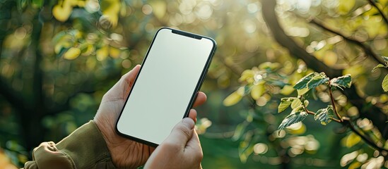 Mobile phone with a mockup screen being held in a nature setting on a sunny day featuring copy space image
