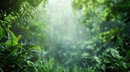 Obraz premium Lush Green Forest with Sunlight Through Leaves.