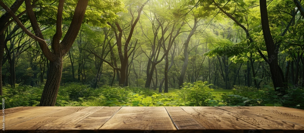 Poster Wood table with lush green forest background provides copy space image for advertising products