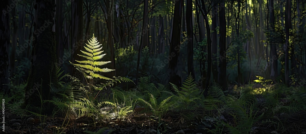 Wall mural a lone fern standing proudly amidst the towering trees in the forest casting a delicate glow in the 