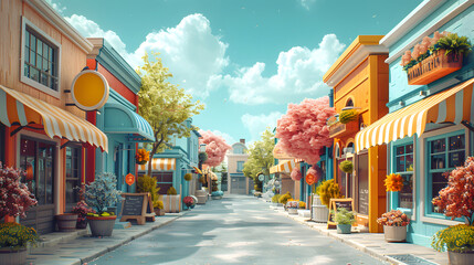 Obraz premium Vibrant small town street lined with colorful shops and blooming trees under a bright, sunny sky, creating a cheerful atmosphere