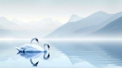 Two Swans on a Calm Lake with Mountain Range in the Background.