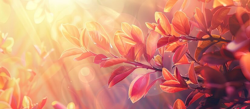 The radiant autumn hues create a beautiful background with leaves displaying red orange and yellow tones shining in sunlight encapsulating nature s charm in a single frame with copy space image