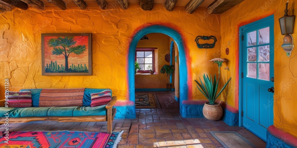 Wall mural brightly painted adobe wall in a traditional southwestern style home