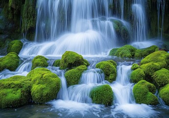 Fototapeta premium Detailed shot of a waterfall with water tumbling over moss covered rocks, highlighting the texture and flow