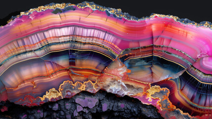 Obraz premium Vibrant layers of agate stone with rich colors on dark background