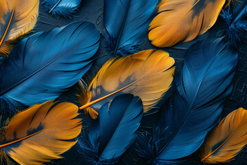 Beautiful background of colorful feathers in blue and yellow colors on a dark black, orange background.
