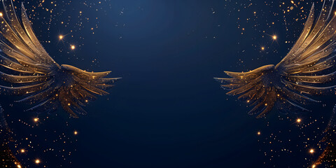 Navy blue background with golden angel wings glittering stars the center frame Golden Wings and Glittering Stars Concept