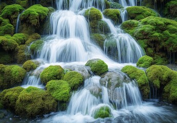 Obraz premium Detailed shot of a waterfall with water tumbling over moss covered rocks, highlighting the texture and flow