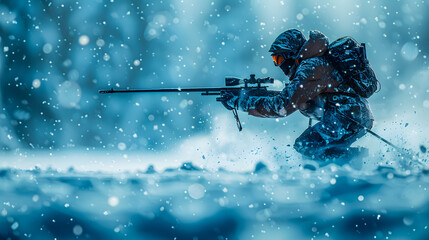 Winter Olympic Games 2026 in Milan and Cortina d'Ampezzo. Winter biathlon combined with shooting. Abstract illustration silhouette of a biathlete on skis with a rifle while shooting at a target.