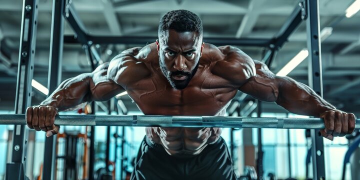 A bodybuilder executing tricep dips on parallel bars, showcasing the versatility of weight training