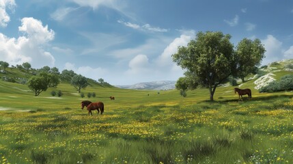 Horses Grazing in a Lush Meadow.