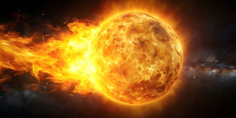 Obraz premium massive yellow-orange fireball engulfs the dark space canopy AI Generative, space explosion, galaxy