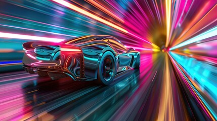 Fototapeta premium 3D Electric Car Driving on High Speed, Racing Through a Colorful Tunnel. Transparent chassis showing its interior.