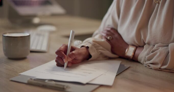 Hands, woman and signature for document contract to review information, legal process and agreement rules. Person, writing and paperwork of negotiation detail, compliance and terms of risk management