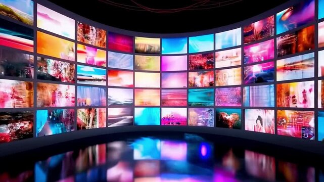 The future with a glimpse into a room equipped with an impressive video wall consisting of numerous high definition monitors and screens, showcasing a symphony of captivating visuals. Generative AI