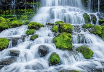 Obraz premium Detailed shot of a waterfall with water tumbling over moss covered rocks, highlighting the texture and flow