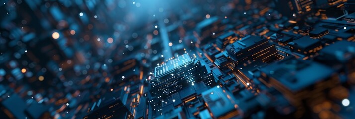 Fototapeta premium An advanced, futuristic cityscape with glowing lights and modern technology, seen from an abstract aerial perspective