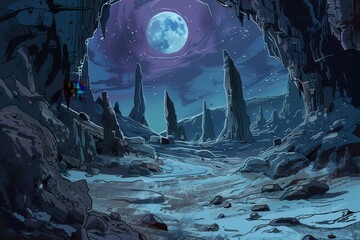 Mysterious Alien Landscape with Towering Rock Formations Under a Full Moon