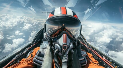Fototapeta premium A pilot is wearing a full body suit and goggles. The pilot is in the cockpit of a plane