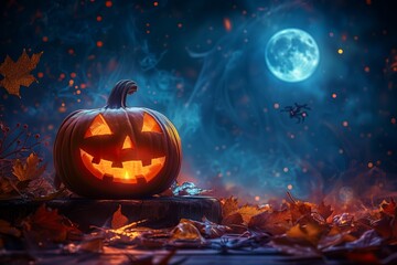 Naklejka premium Halloween Jack O' Lantern on Table Under Full Moon in Spooky Night Sky