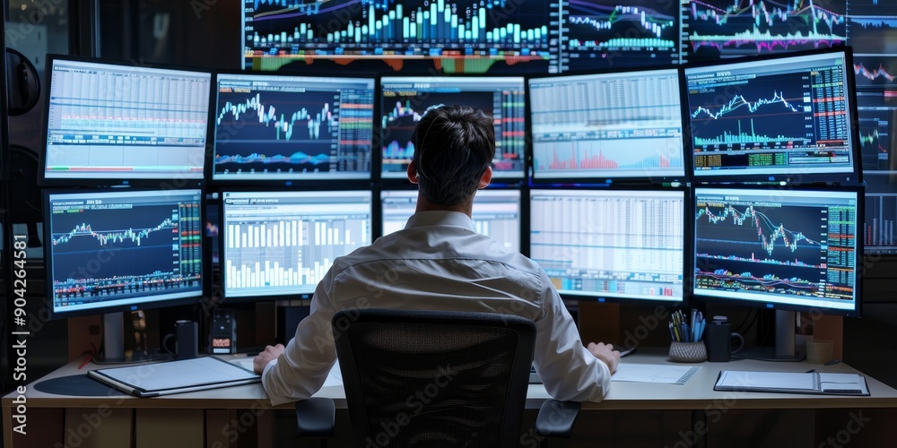 Leinwandbilder A financial analyst working on a multi-monitor setup, leveraging technology for complex data analysis