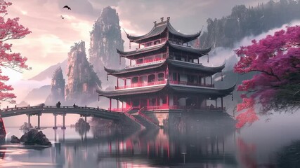 Traditional Asian courtyard adorned with red lanterns and cherry blossoms at sunset - Powered by Adobe