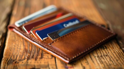 A stylish leather card holder filled with various credit cards rests on a rustic wooden table, showcasing an elegant design and practical storage