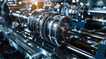 Naklejka premium Engineering machinery mechanism, industrial gear or cogwheel technology engine equipment, factory business manufacturing design