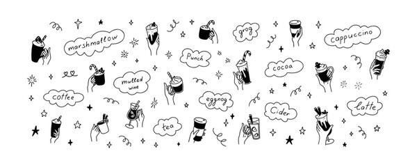 Winter hot drinks cute line doodle. Alcohol and soft named beverages. Merry Christmas and Happy New Year market. Marshmallow cocoa, mulled wine, eggnog, honey spice latte in people hands