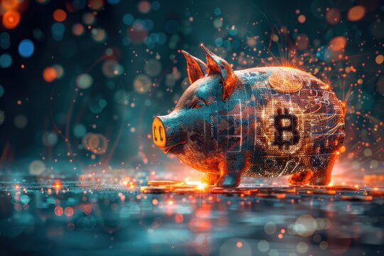 A piggy bank with coins and banknotes transforming into a digital code, symbolizing the fusion of traditional savings with financial technology.