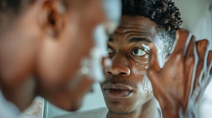 Young Black man looking into a mirror, applying a facial cream, emphasizing his proactive approach to skincare