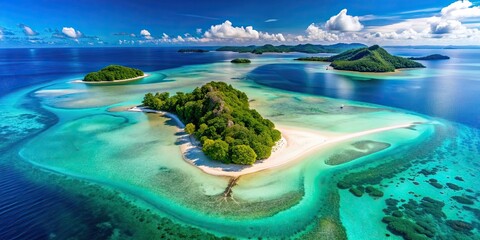 Aerial view of two tropical islands connected by a sandbar surrounded by crystal clear waters, Andaman, Nicobar