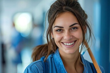 Fototapeta premium Happy Female Janitor Cleaning the Office Floor with a Broom: A Full-Length Portrait