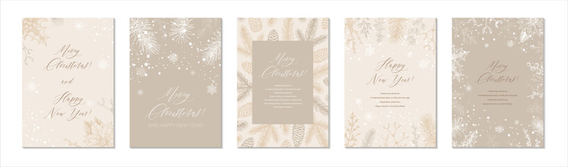 Merry Christmas and Happy New year greeting cards set. Hand drawn sketch winter postcard. Trendy holiday festive design background for invitations, certificate, social media templates